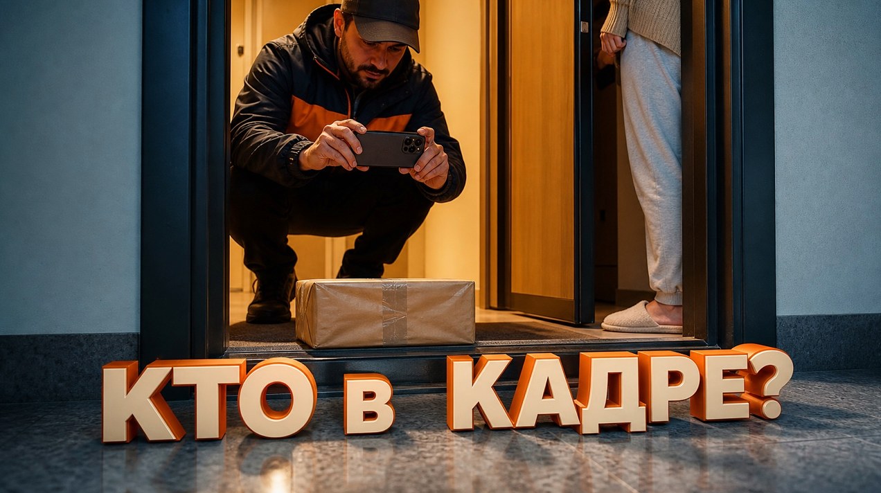 Курьер держит телефон над пакетом. Он снимает клиента?